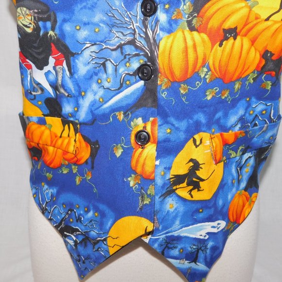 On Tour Womens M Halloween Vest Pumpkins Witches Black Cat Skeleton Blue Orange - Picture 4 of 8